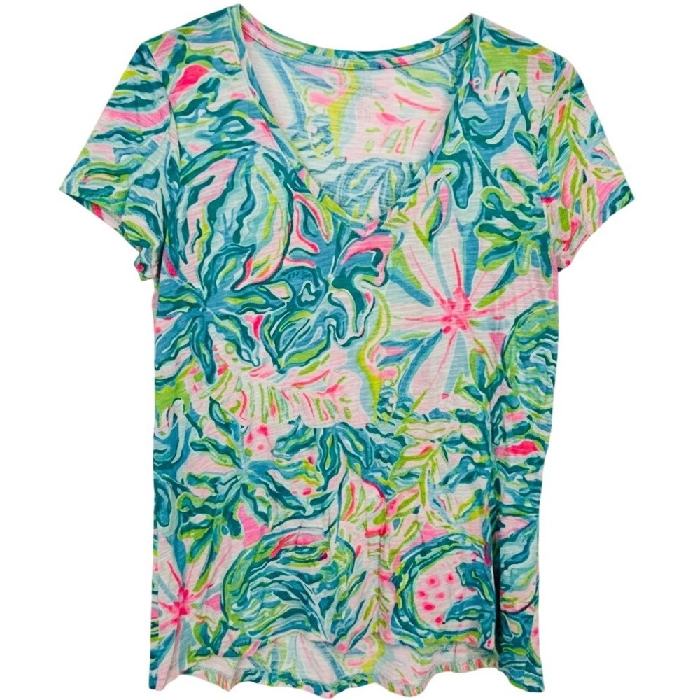 Lilly Pulitzer Blue Pink Green Floral‎ Short Sleeve T Shirt Women's Small - AC